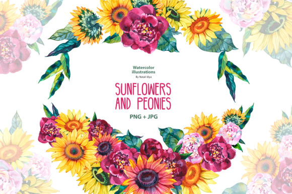 Bouquets of Sunflowers and Peonies Illustrations