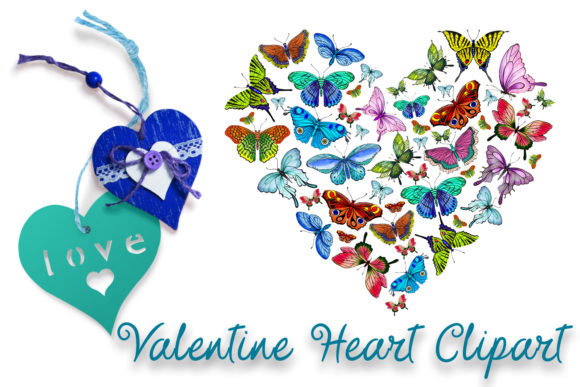 Butterfly Heart Valentine Clipart. Love Illustrations