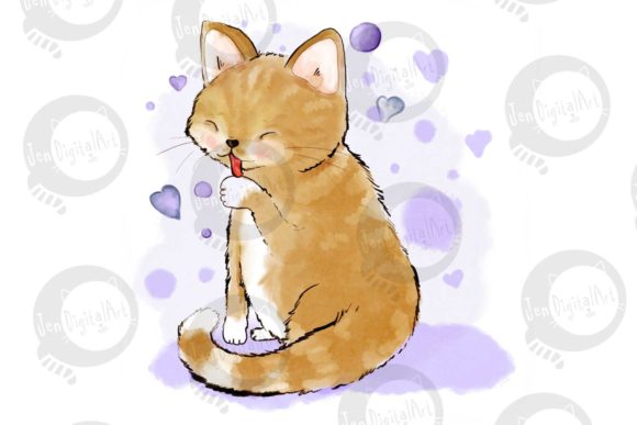 Cat Licking Her Paw Illustrations
