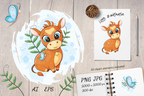 Cute Animal Cow Baby Ox Sublimation Illustrations