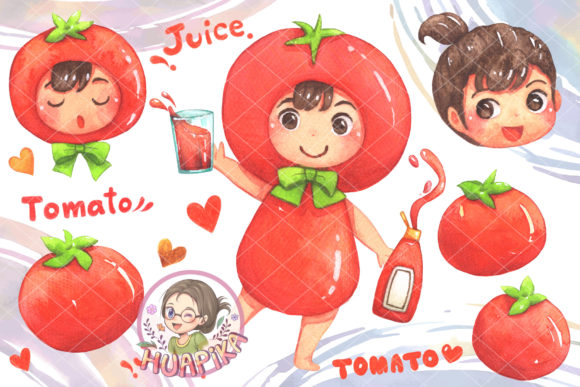 Cute Girl Red Tomato Illustrations
