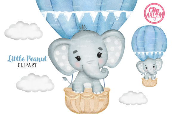 Elephant Hot Air Balloon Blue Cloud Illustrations