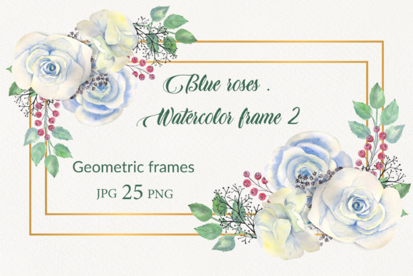 Geometric Gold Frames with Blue Flowers Illustrations
