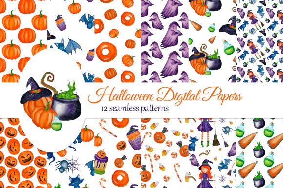 Halloween Digital Papers with Cute Witch