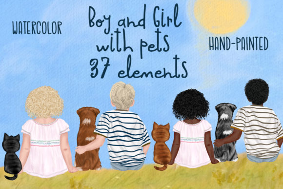 Kids with Pets Cute Kids Clipart Illustrations