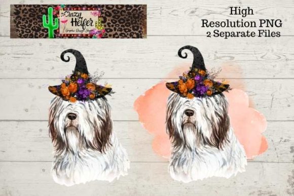 Old English Sheepdog Halloween Witch PNG Illustrations