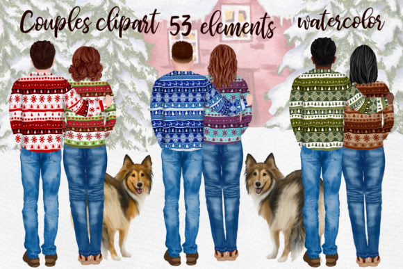 People with Dogs Winter Couples Illustrations