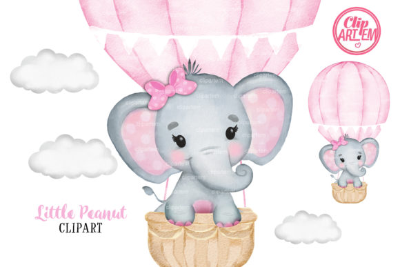 Pink Hot Air Balloon Girl Elephant Illustrations