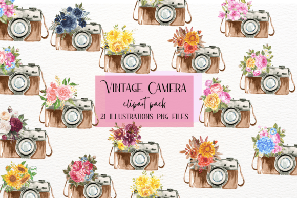 Retro Floral Vintage Camera Clipart Illustrations