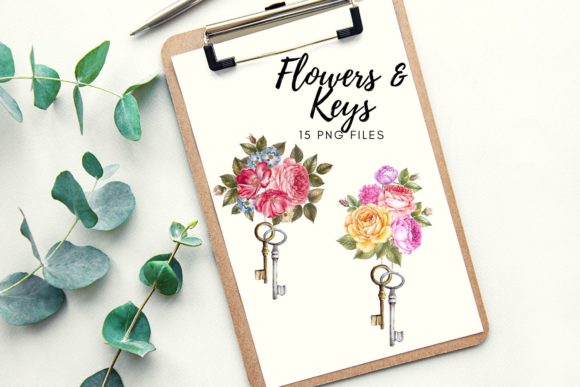Romantic Antique Keys with Flowers Illustrations