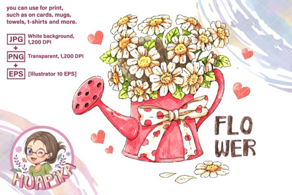 White Flower in Red Watering Can Illustrations